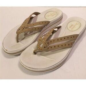 Skechers tone ups tan/ white rhinestone thongs flip flop sandals women’s Sz 9